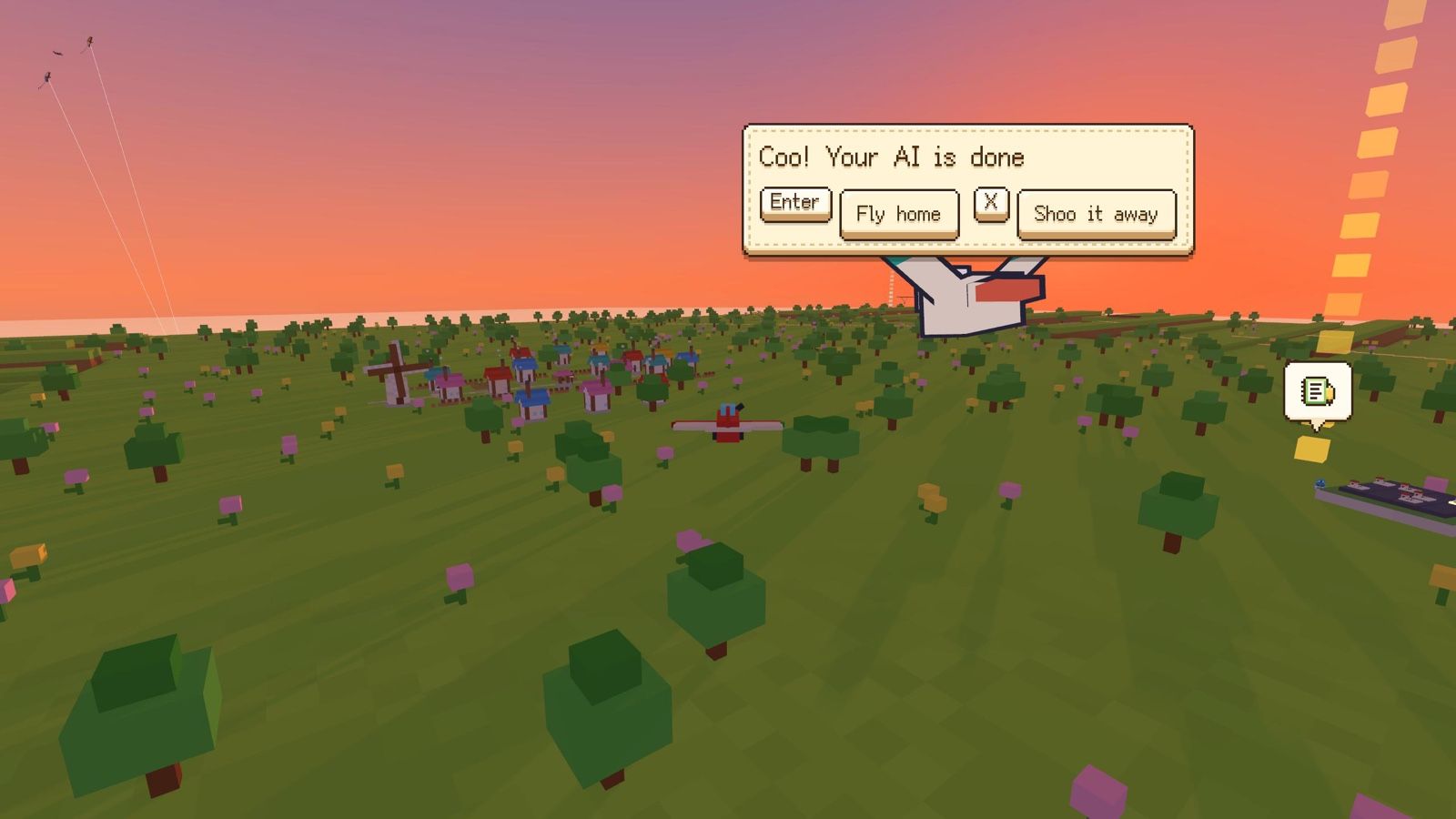At sunset a pigeon flies in with the news that the AI is done